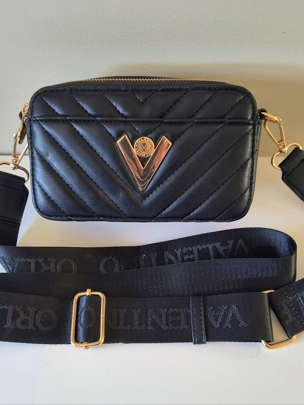 Valentino Orlandi Black Quilted Crossbody Bag with Gold V Logo